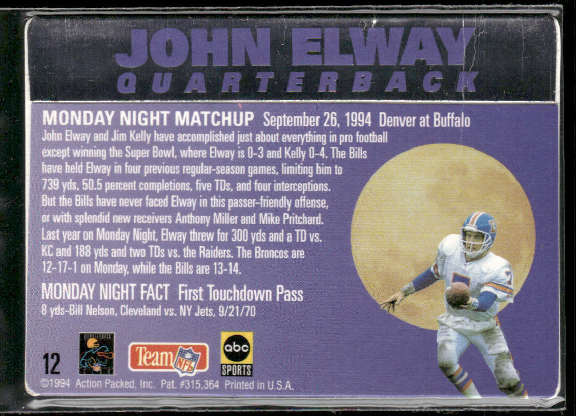 John Elway 1994 Action Packed Monday Night Football #12 Denver Broncos