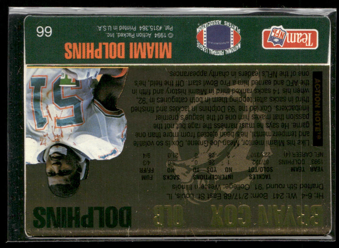 Bryan Cox 1994 Action Packed #66 Miami Dolphins