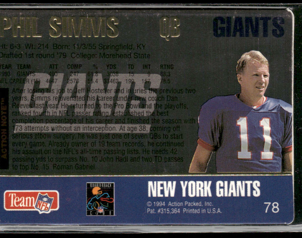 Phil Simms 1994 Action Packed #78 New York Giants