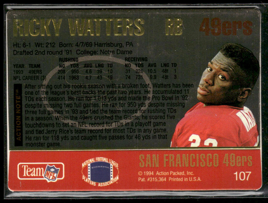 Ricky Watters 1994 Action Packed #107 San Francisco 49ers