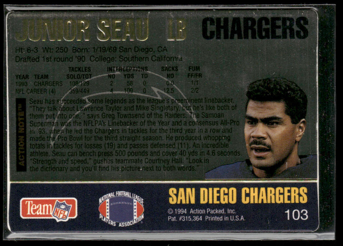 Junior Seau 1994 Action Packed #103 San Diego Chargers