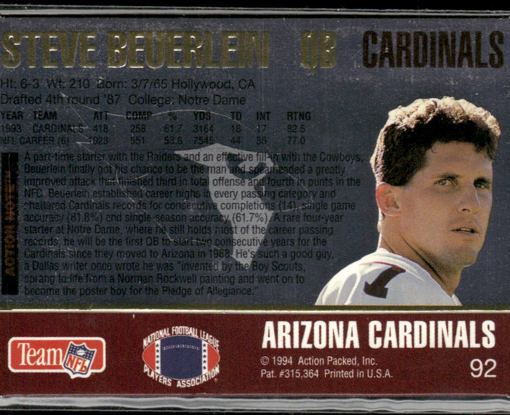 Steve Beuerlein 1994 Action Packed #92 Arizona Cardinals