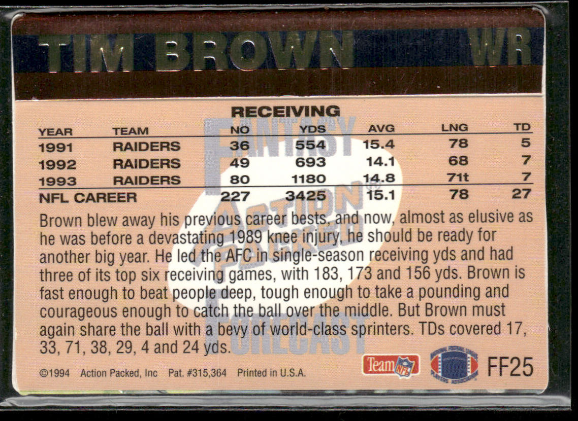 Tim Brown 1994 Action Packed Fantasy Forecast #FF25 Los Angeles Raiders back