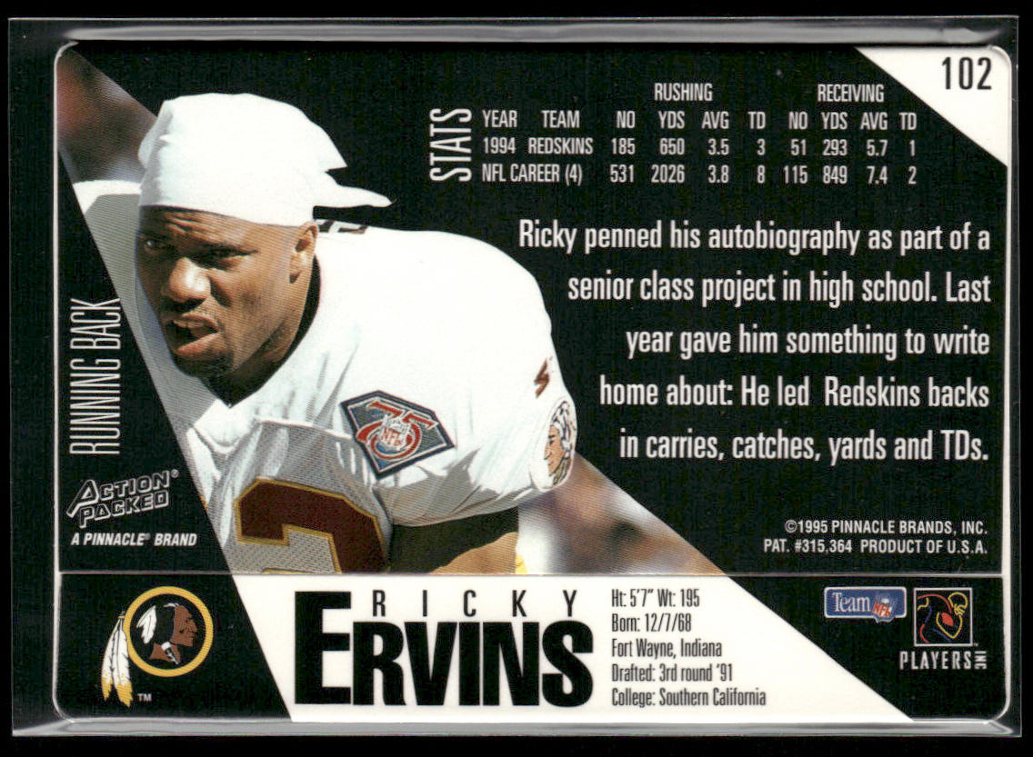 Ricky Ervins 1995 Action Packed #102 Washington Redskins