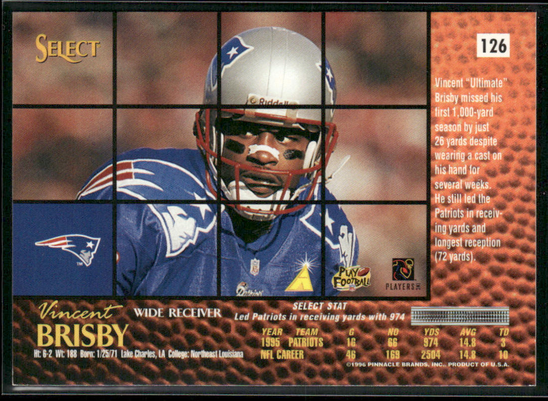 Vincent Brisby 1996 Select #126 New England Patriots