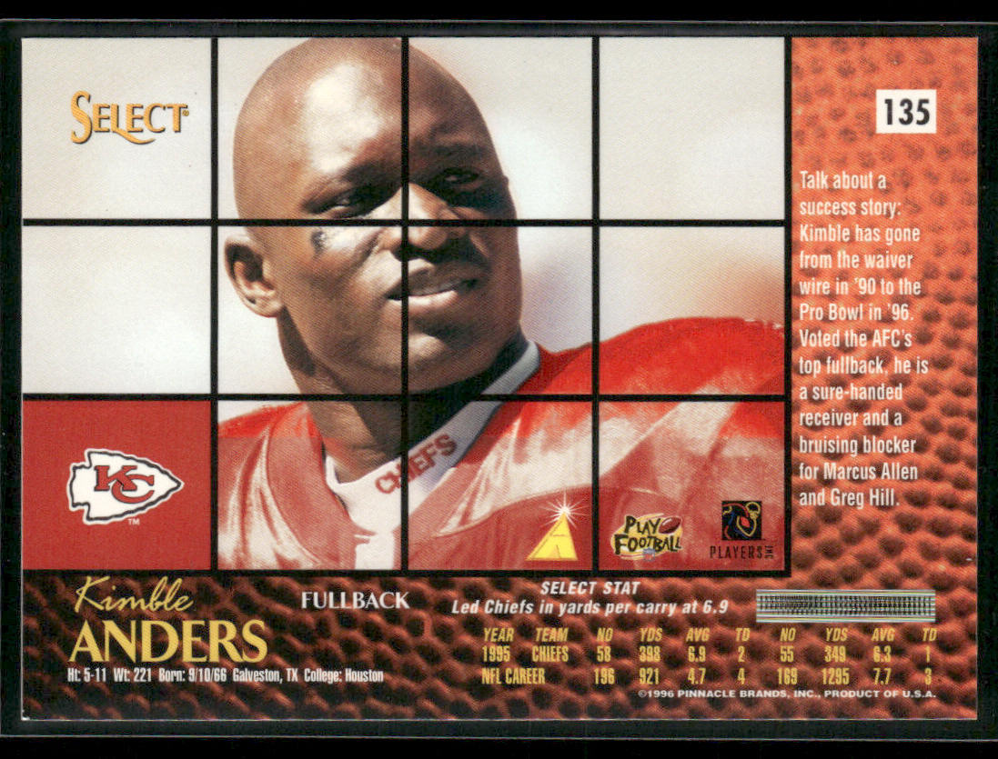 Kimble Anders 1996 Select #135 Kansas City Chiefs