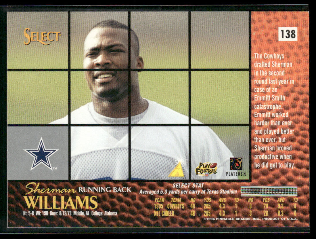 Sherman Williams 1996 Select #138 Dallas Cowboys