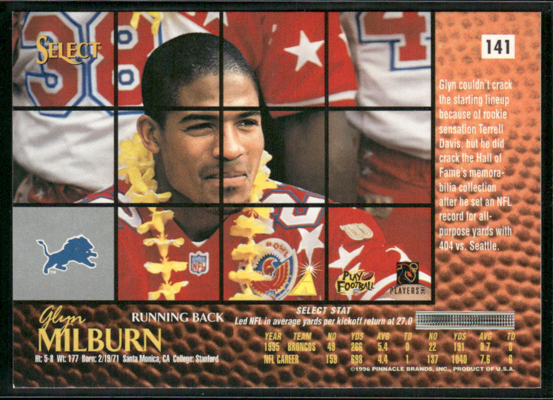 Glyn Milburn 1996 Select #141 Detroit Lions