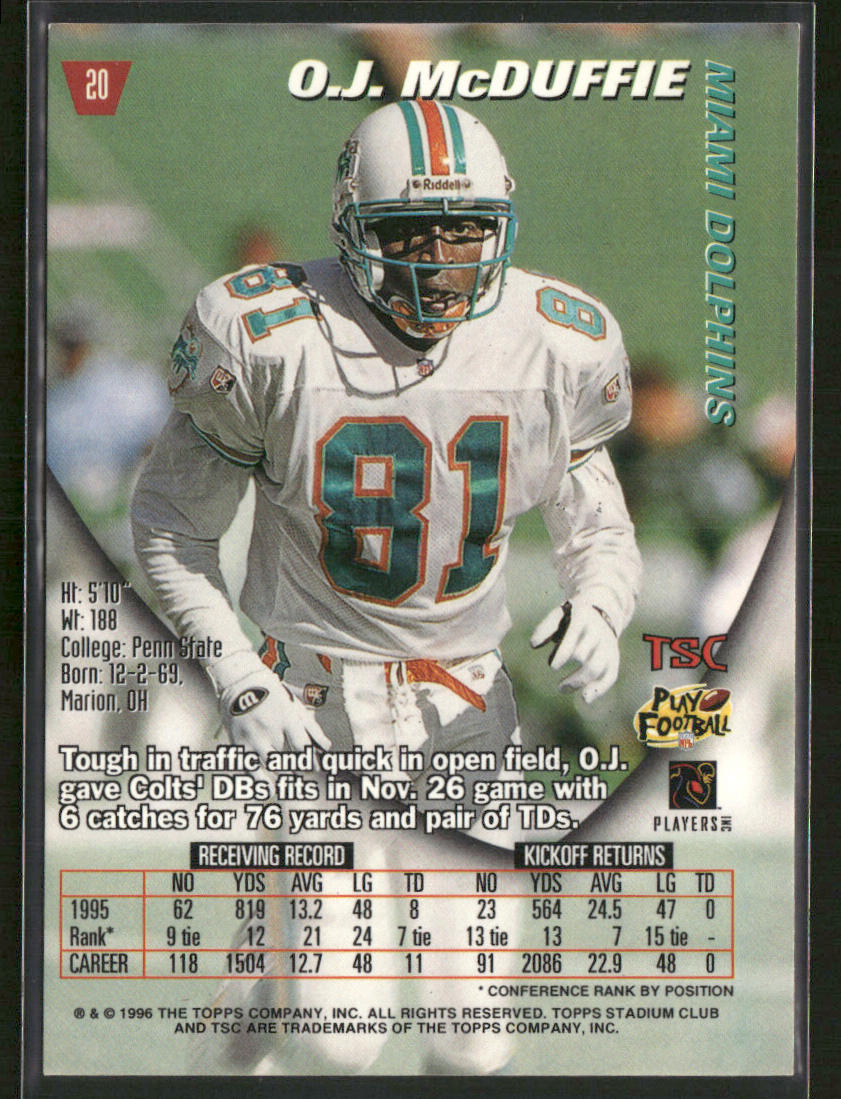 O.J. McDuffie 1996 Stadium Club #20 Miami Dolphins