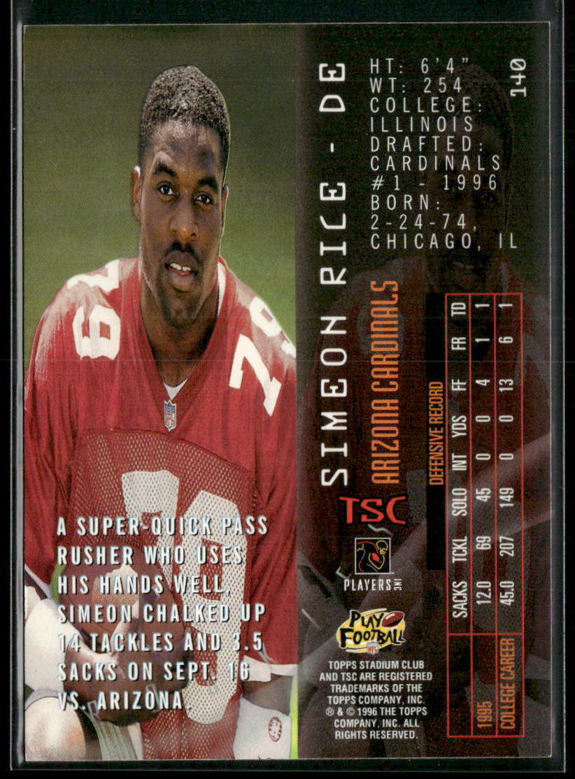 Simeon Rice 1996 Stadium Club #140 RC Arizona Cardinals