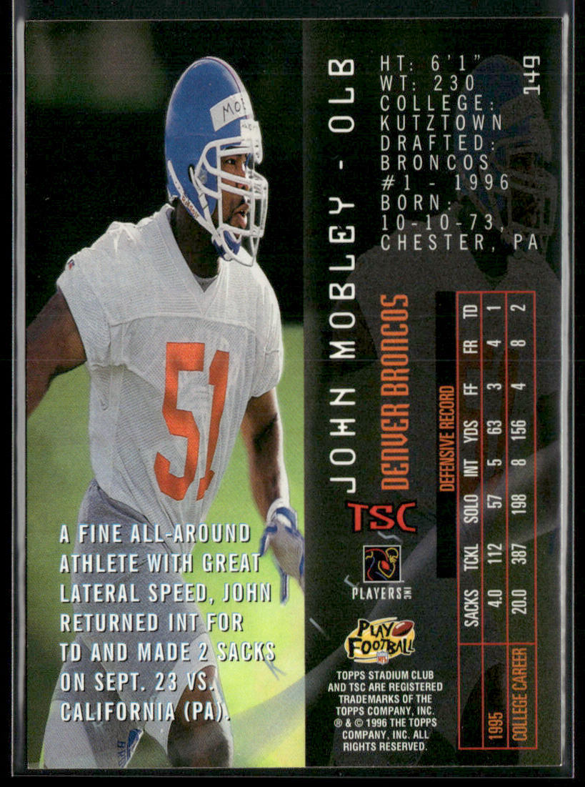 John Mobley 1996 Stadium Club #149 RC Denver Broncos