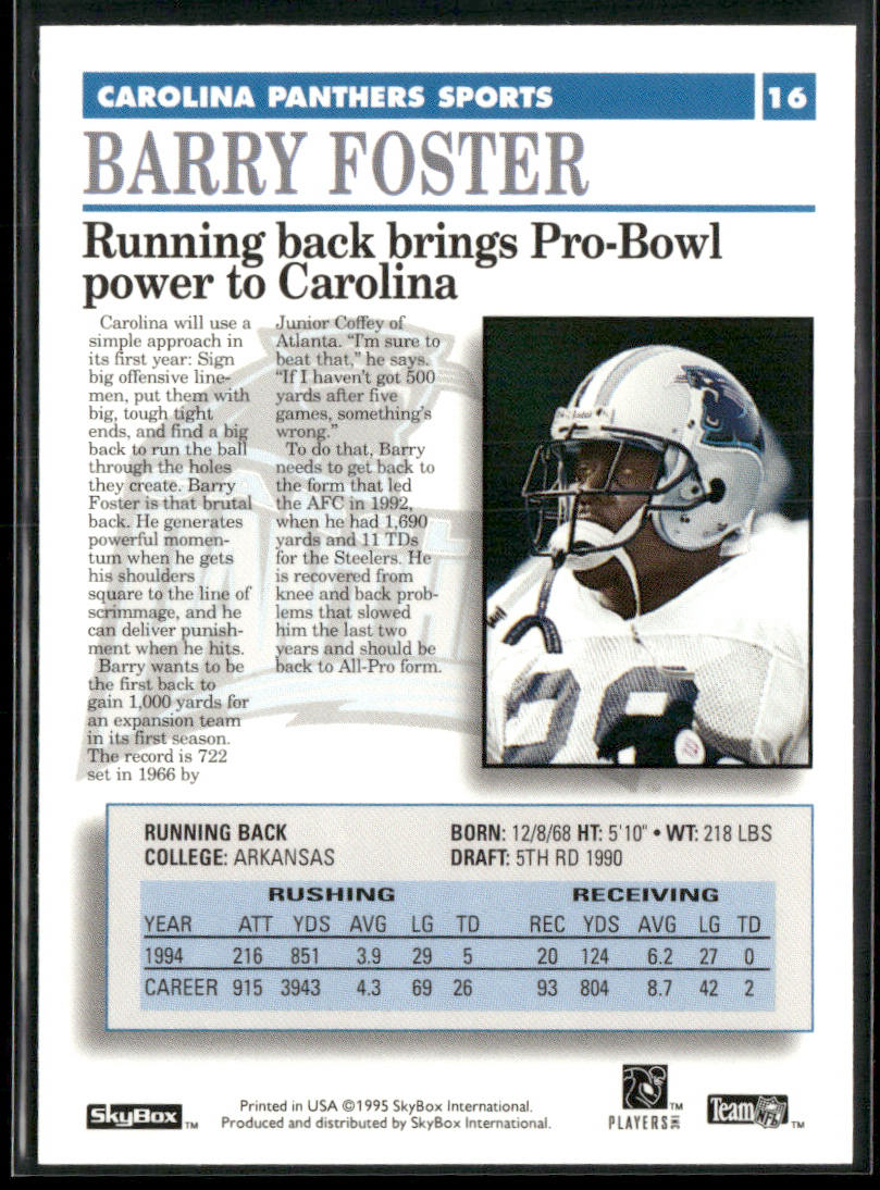 Barry Foster 1995 SkyBox Premium #16 Carolina Panthers