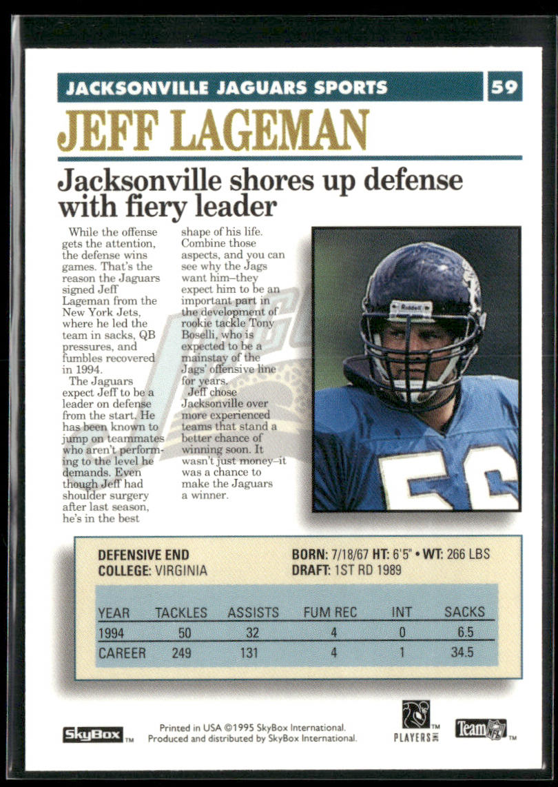 Jeff Lageman 1995 SkyBox Premium #59 Jacksonville Jaguars