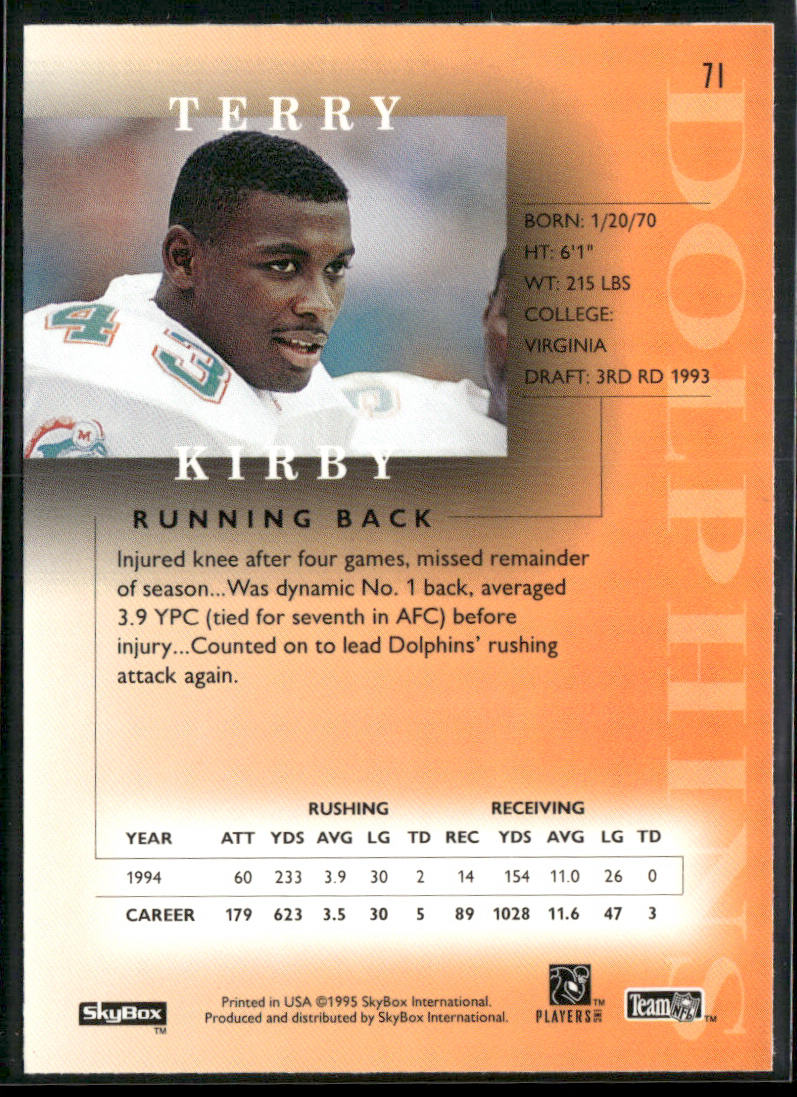 Terry Kirby 1995 SkyBox Premium #71 Miami Dolphins
