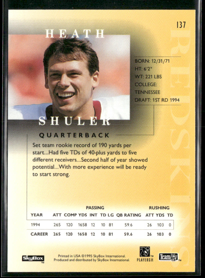 Heath Shuler 1995 SkyBox Premium #137 Washington Redskins