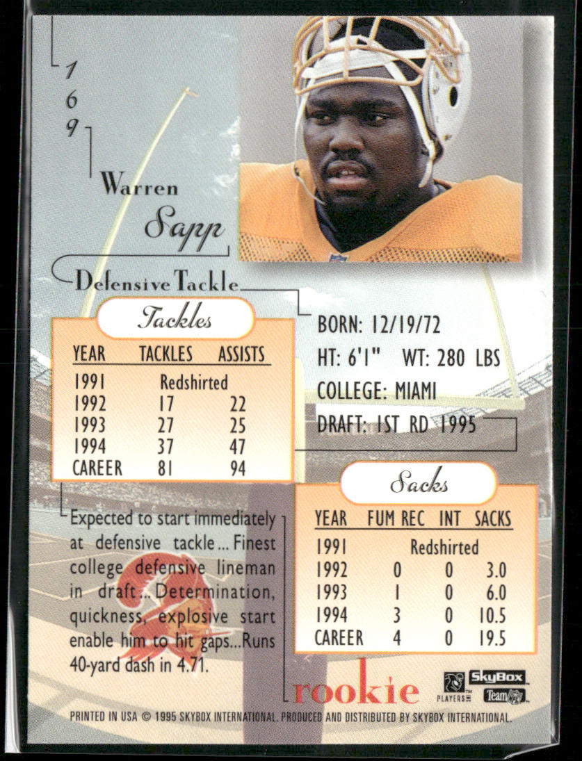 Warren Sapp 1995 SkyBox Premium #169 RC Tampa Bay Buccaneers