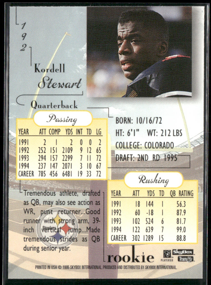 Kordell Stewart 1995 SkyBox Premium #192 RC Pittsburgh Steelers