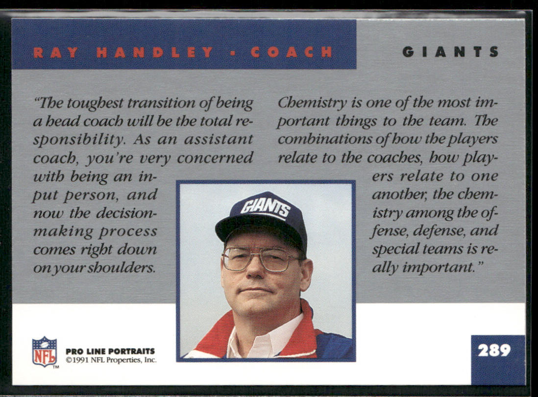 Ray Handley 1991 Pro Line Portraits #289 New York Giants