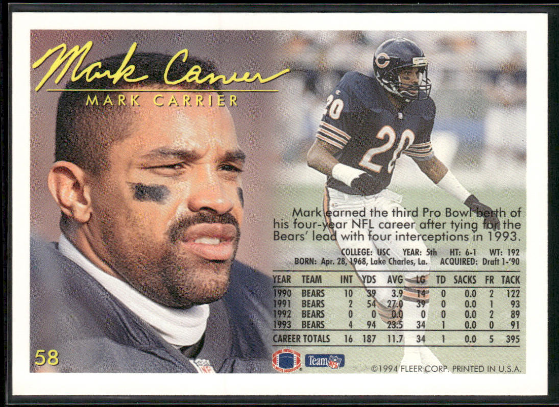 Mark Carrier 1994 Fleer #58 Chicago Bears