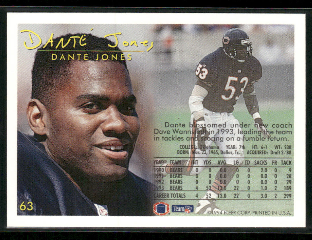 Dante Jones 1994 Fleer #63 Chicago Bears