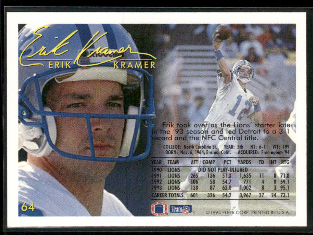 Erik Kramer 1994 Fleer #64 Chicago Bears