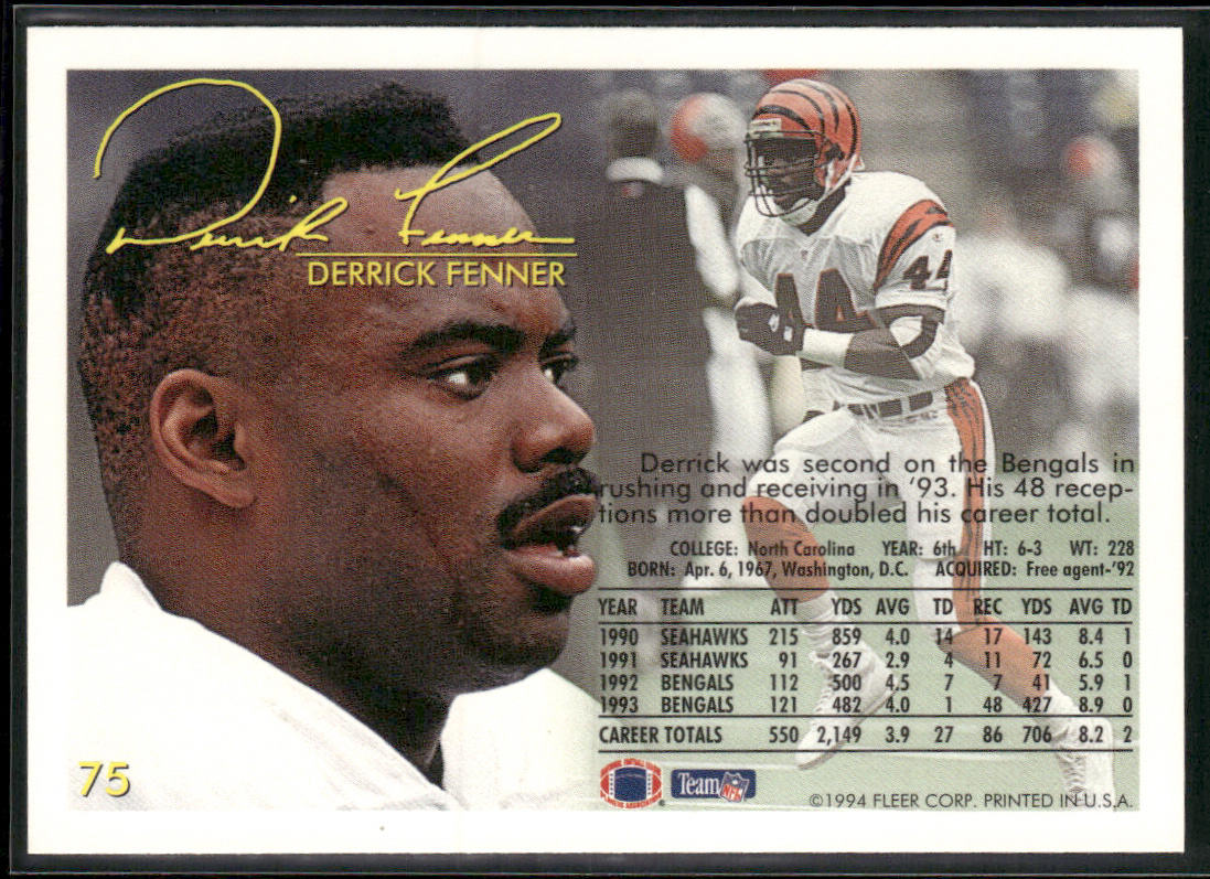 Derrick Fenner 1994 Fleer #75 Cincinnati Bengals