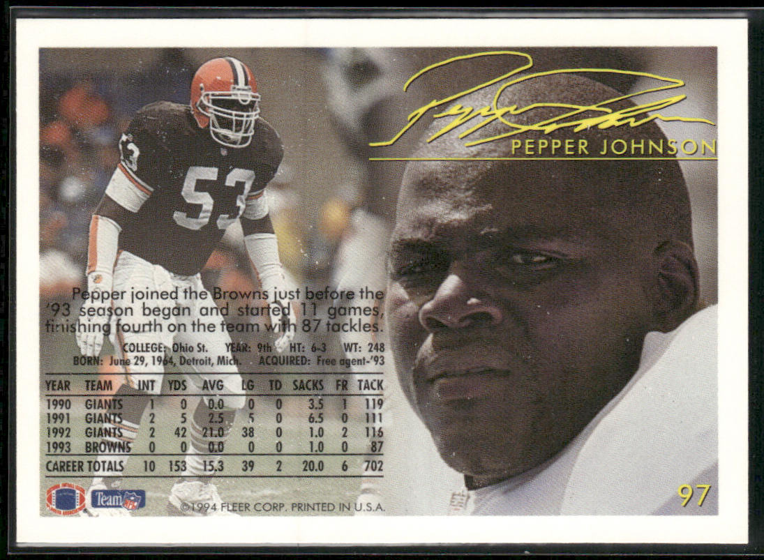 Pepper Johnson 1994 Fleer #97 Cleveland Browns