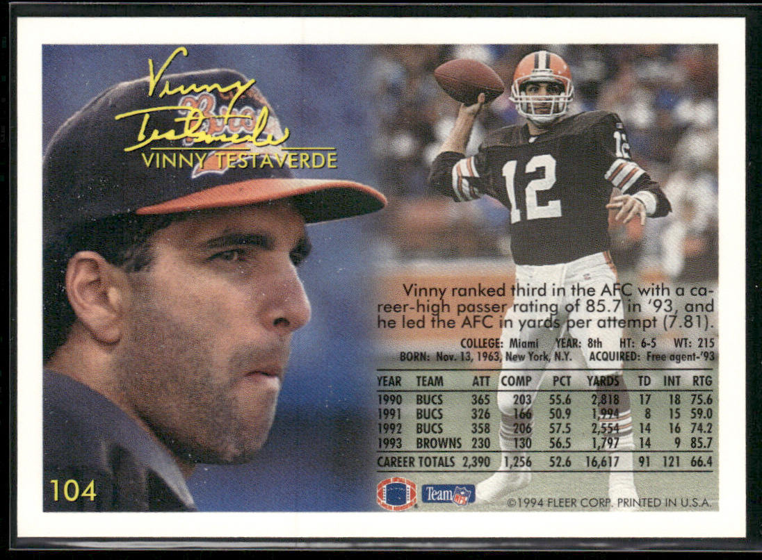 Vinny Testaverde 1994 Fleer #104 Cleveland Browns