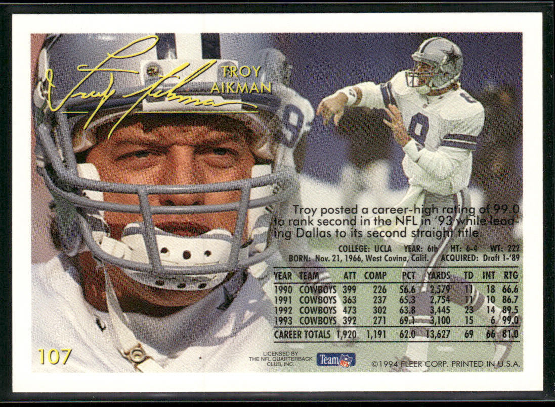 Troy Aikman 1994 Fleer #107 Dallas Cowboys