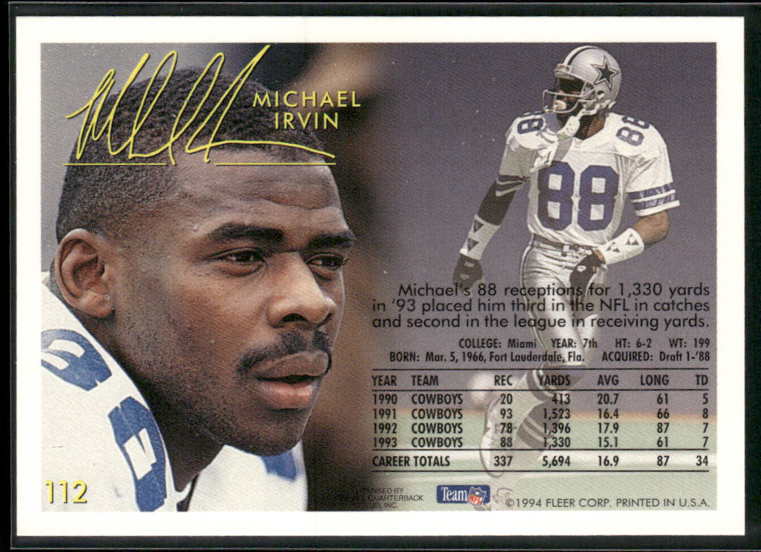 Michael Irvin 1994 Fleer #112 Dallas Cowboys
