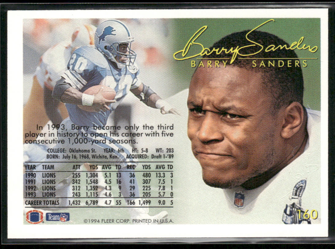 Barry Sanders 1994 Fleer #160 Detroit Lions
