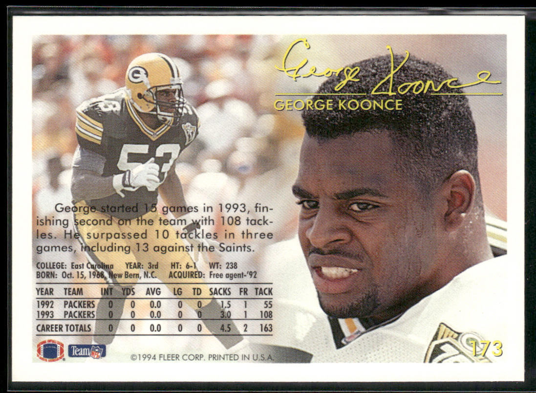 George Koonce 1994 Fleer #173 Green Bay Packers