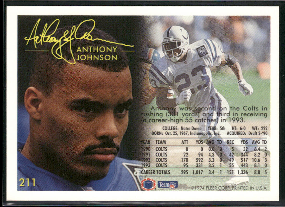 Anthony Johnson 1994 Fleer #211 Indianapolis Colts