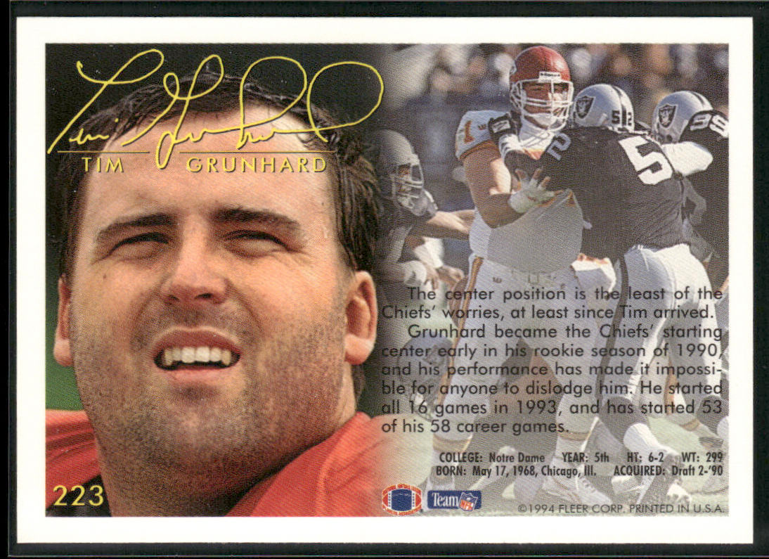 Tim Grunhard 1994 Fleer #223 Kansas City Chiefs