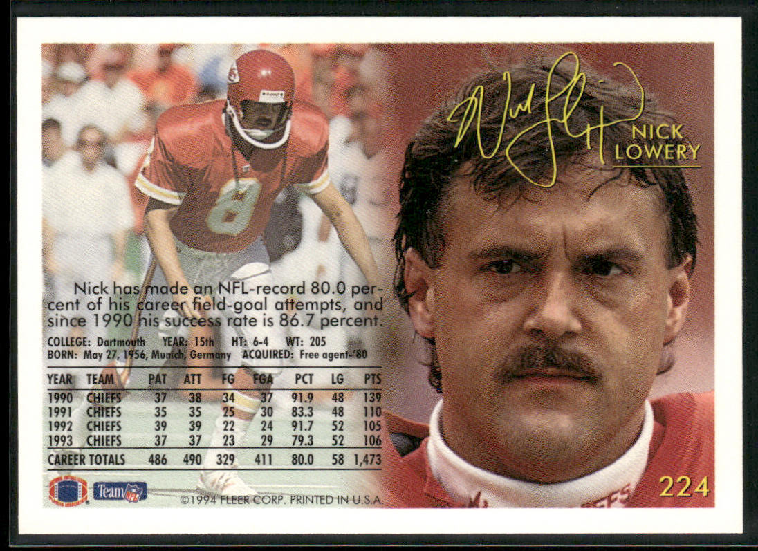 Nick Lowery 1994 Fleer #224 Kansas City Chiefs