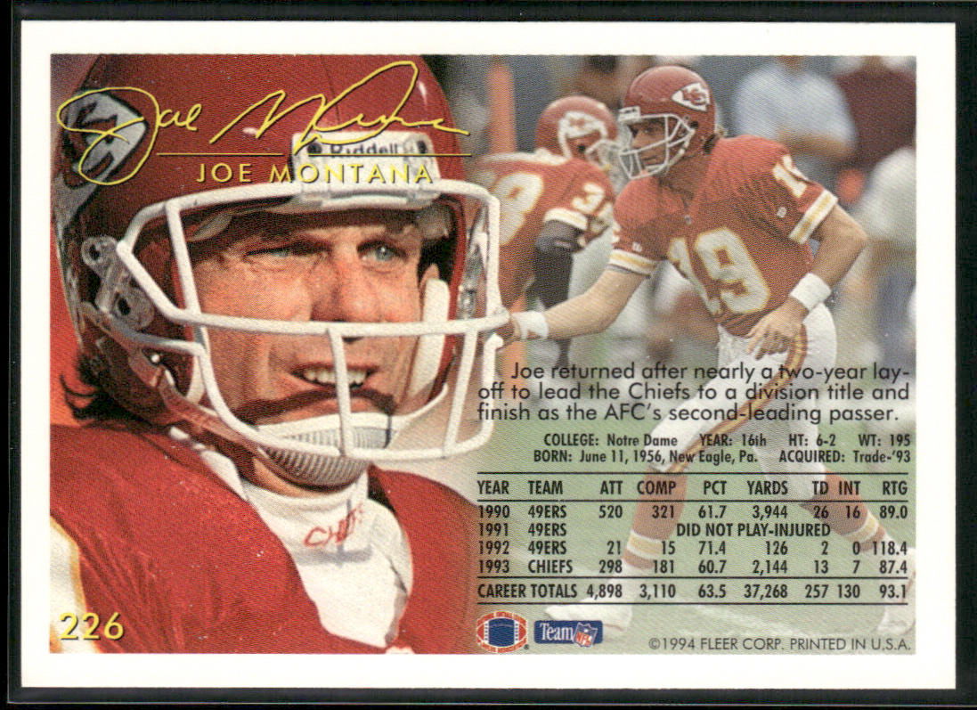 Joe Montana 1994 Fleer #226 Kansas City Chiefs