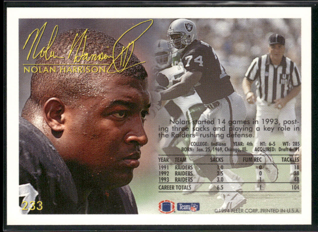 Nolan Harrison 1994 Fleer #233 Los Angeles Raiders