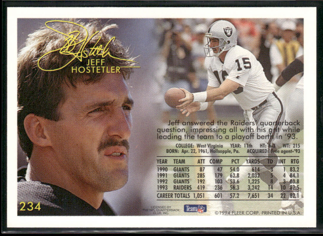 Jeff Hostetler 1994 Fleer #234 Los Angeles Raiders