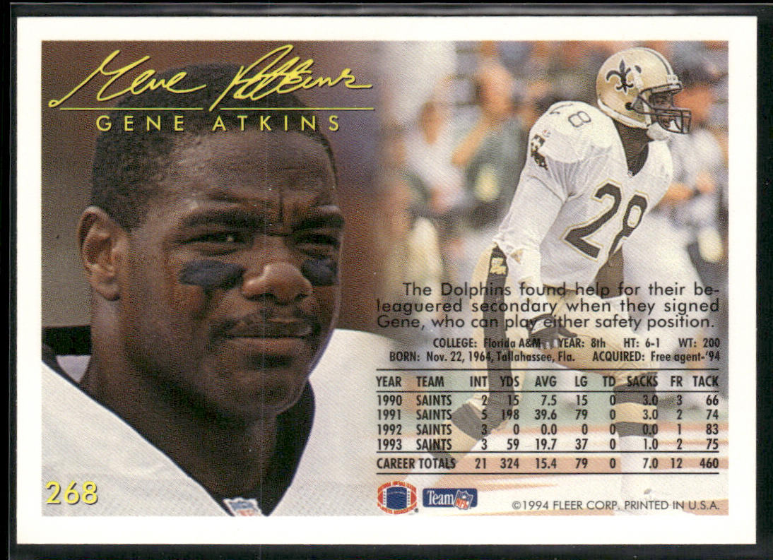 Gene Atkins 1994 Fleer #268 Miami Dolphins