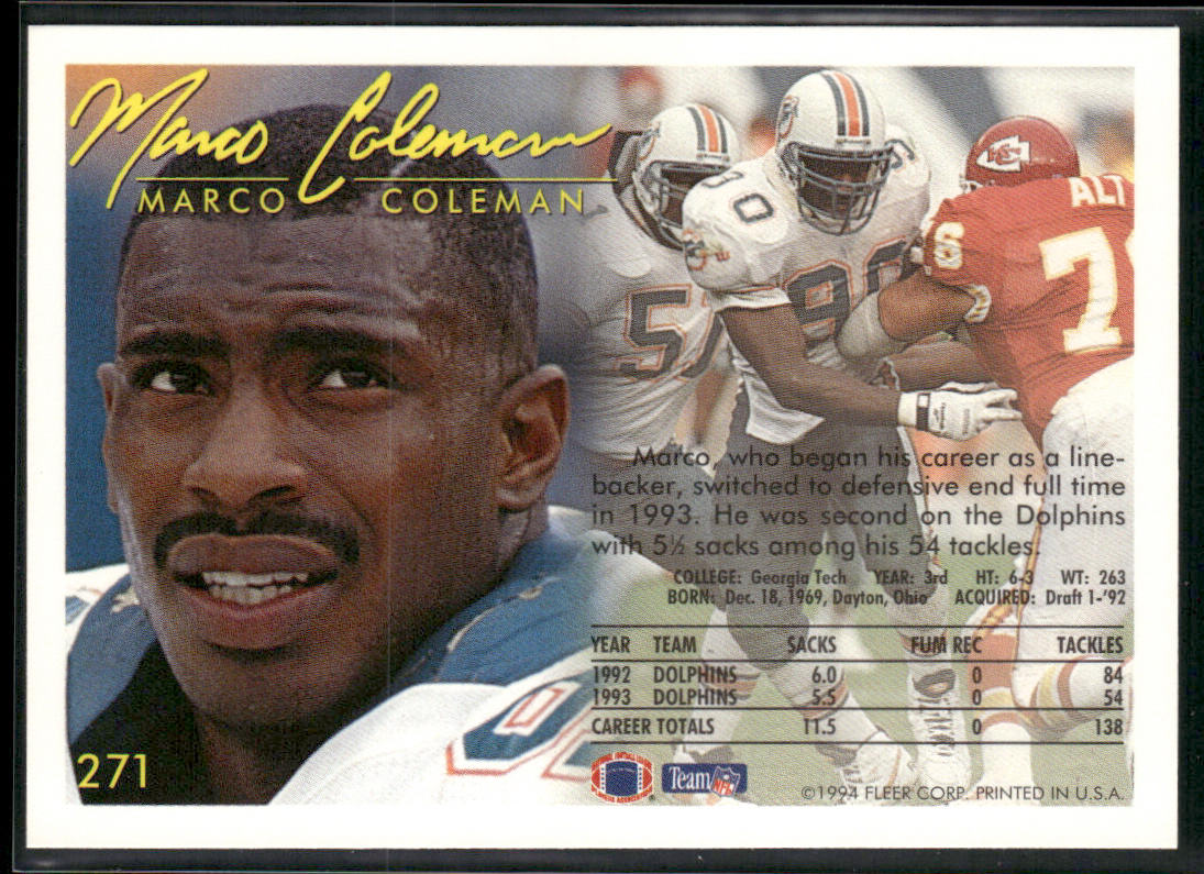 Marco Coleman 1994 Fleer #271 Miami Dolphins
