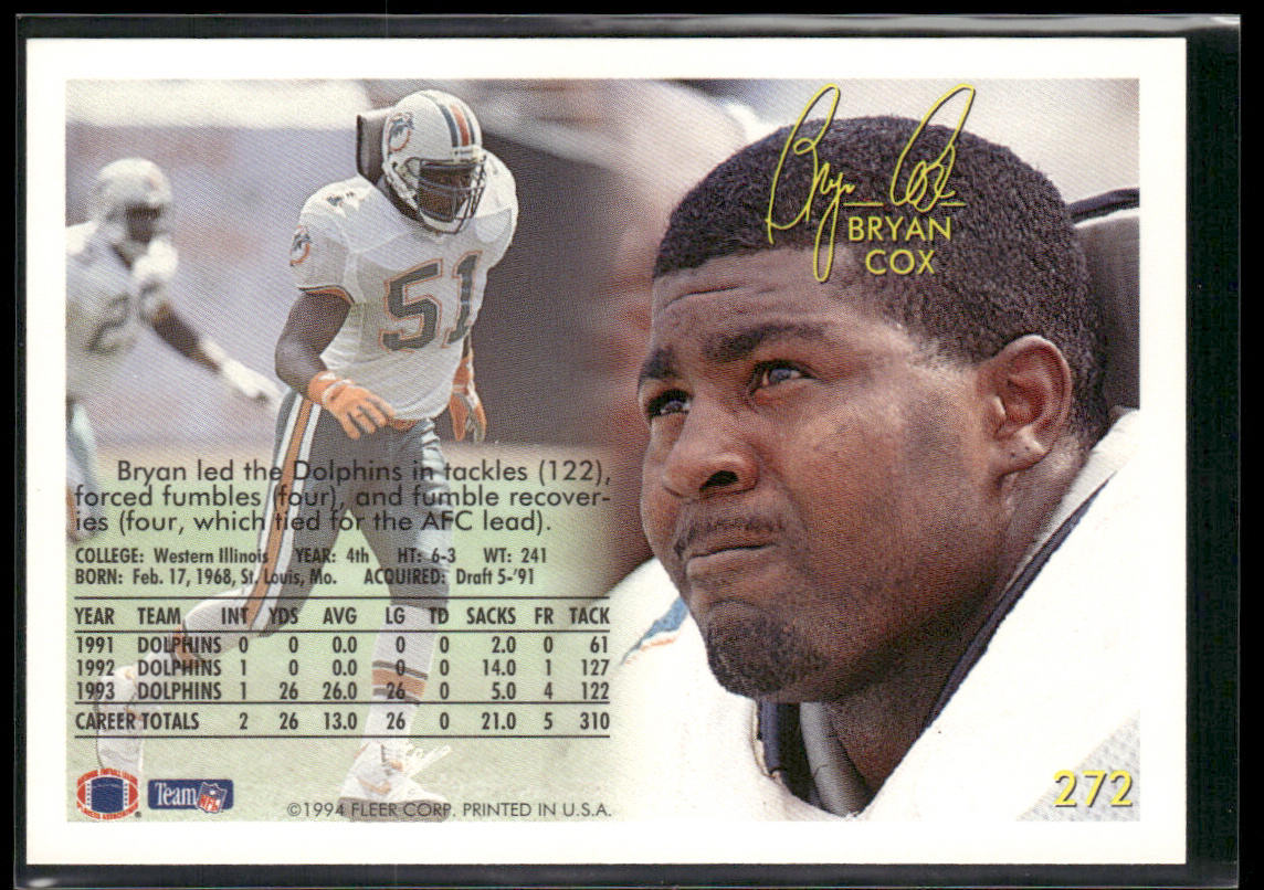 Bryan Cox 1994 Fleer #272 Miami Dolphins