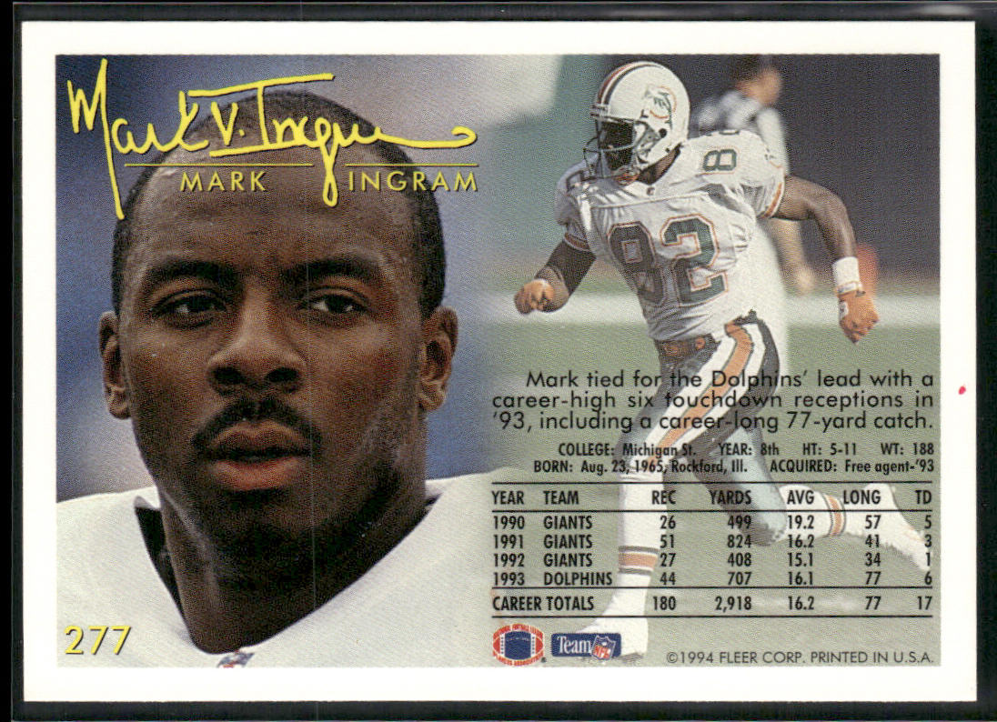Mark Ingram 1994 Fleer #277 Miami Dolphins