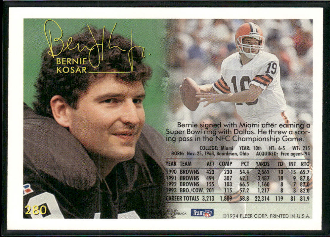 Bernie Kosar 1994 Fleer #280 Miami Dolphins