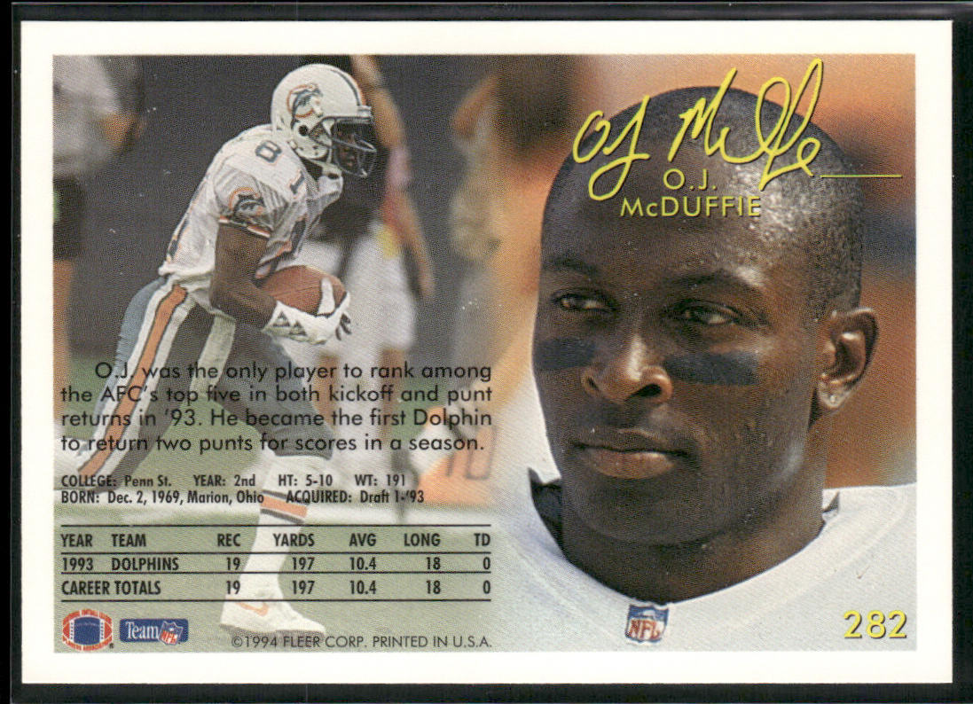 O.J. McDuffie 1994 Fleer #282 Miami Dolphins