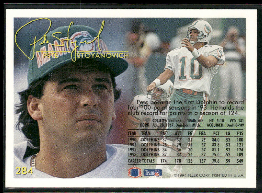 Pete Stoyanovich 1994 Fleer #284 Miami Dolphins