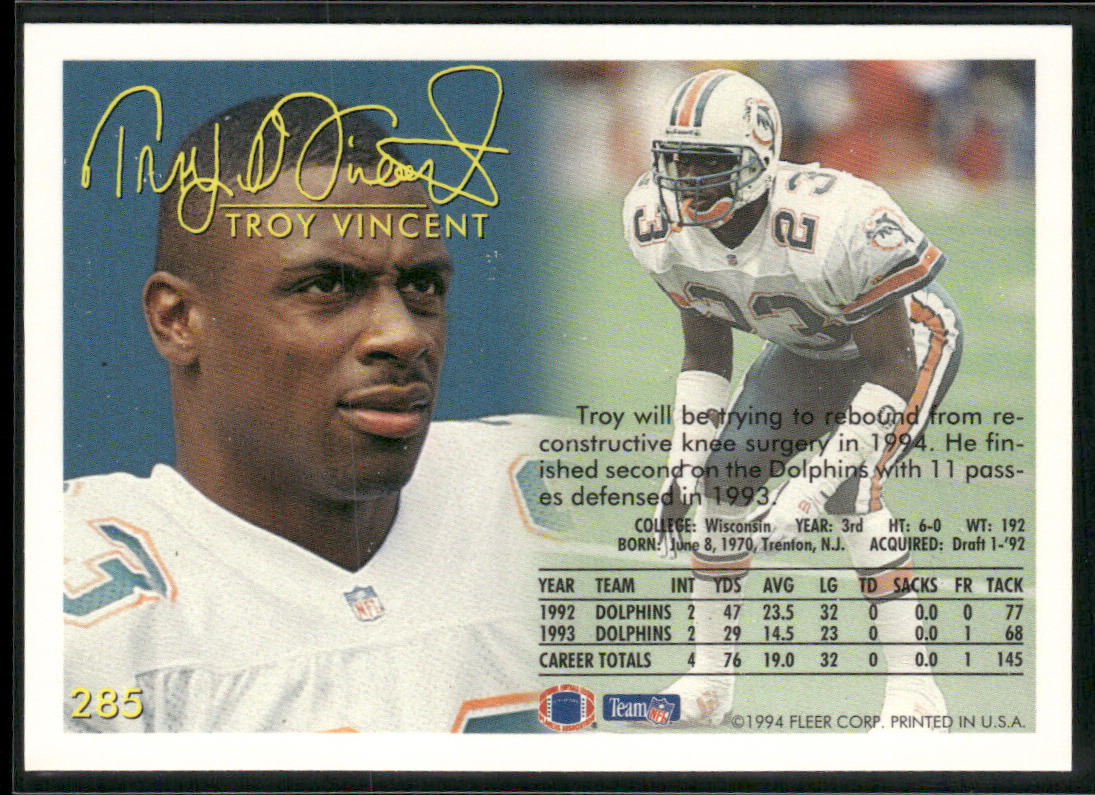 Troy Vincent 1994 Fleer #285 Miami Dolphins