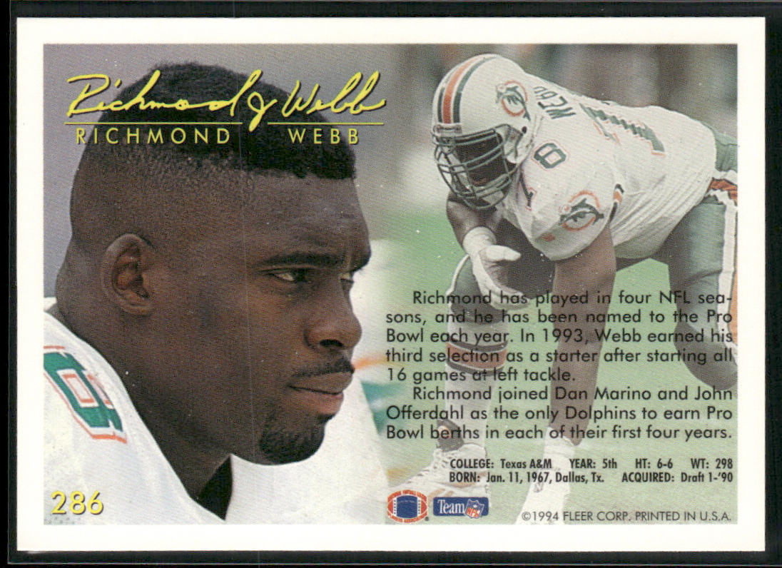 Richmond Webb 1994 Fleer #286 Miami Dolphins