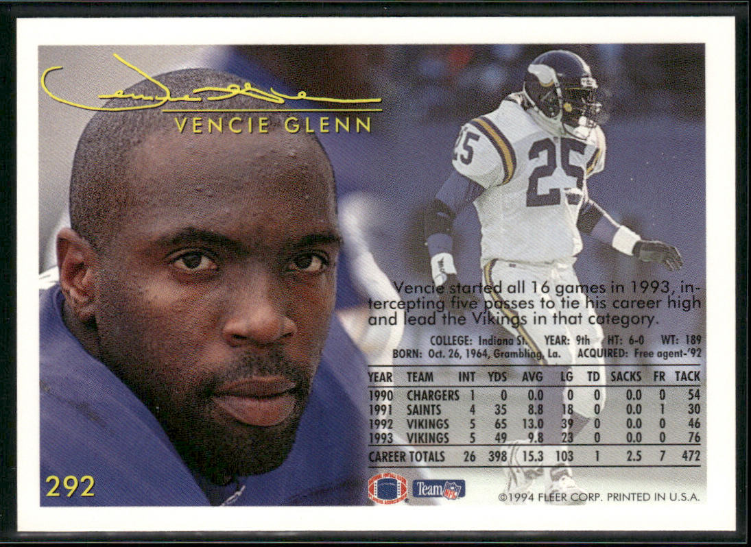 Vencie Glenn 1994 Fleer #292 Minnesota Vikings