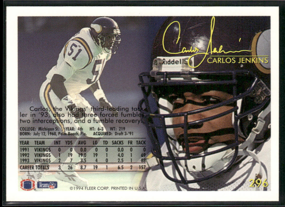 Carlos Jenkins 1994 Fleer #296 Minnesota Vikings