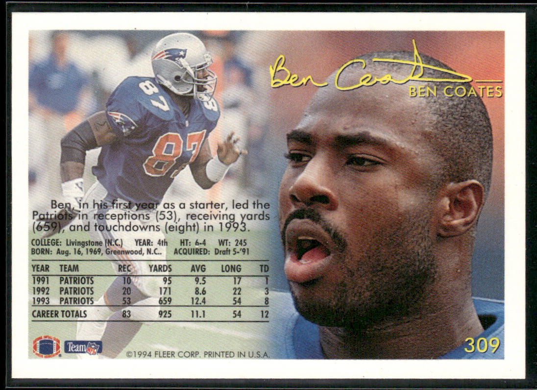 Ben Coates 1994 Fleer #309 New England Patriots